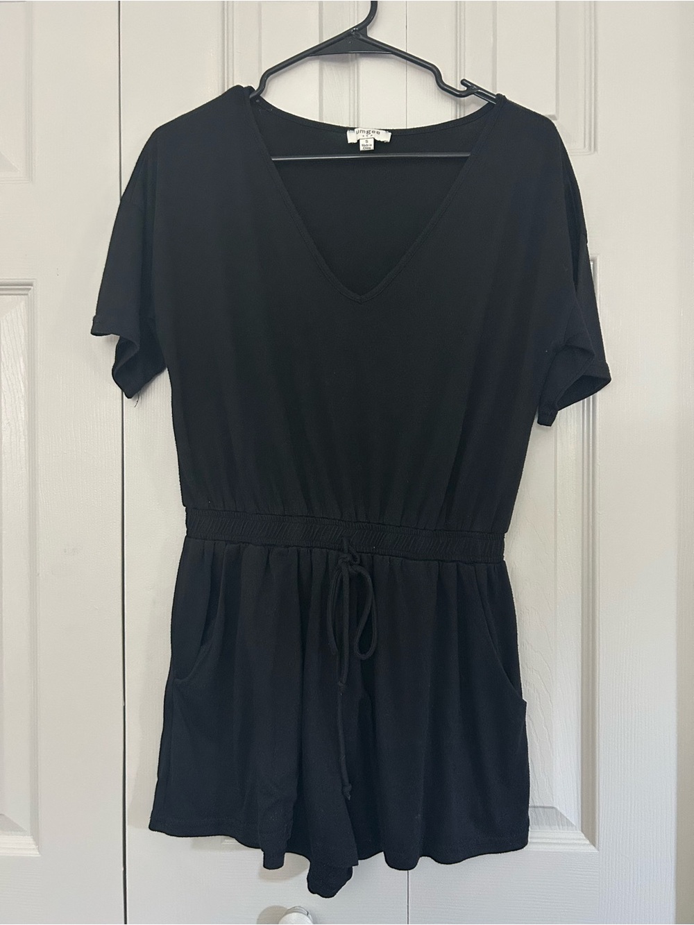 Women’s Black V-Neck Short Sleeve Romper with Drawstring Waist